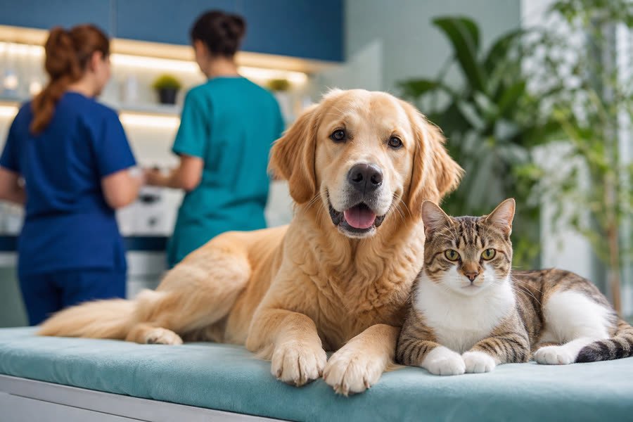 Cão e gato saudáveis em clínica veterinária acolhedora
